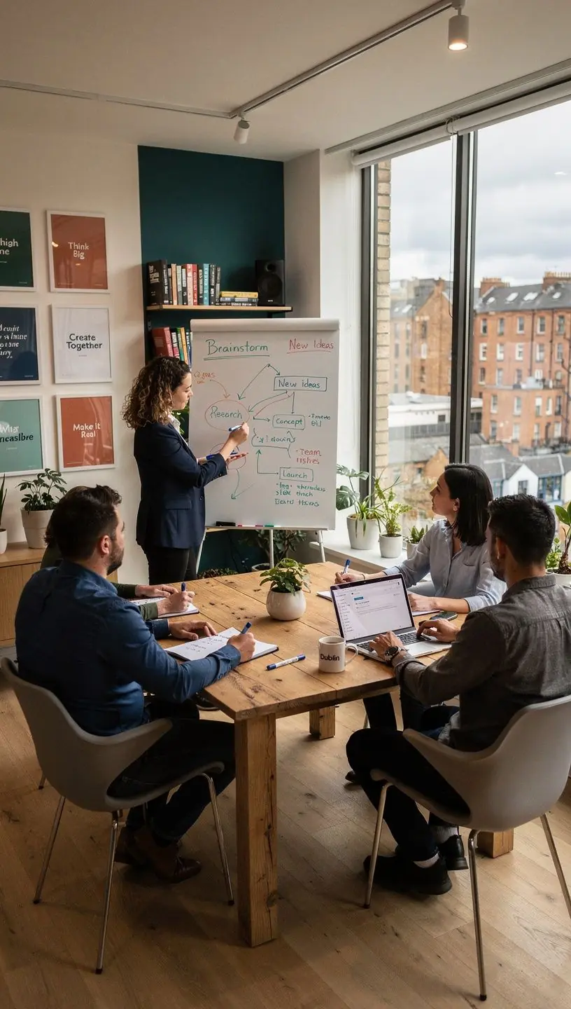 An inviting meeting room designed with soft lighting and color accents that promote creativity and collaboration among employees.